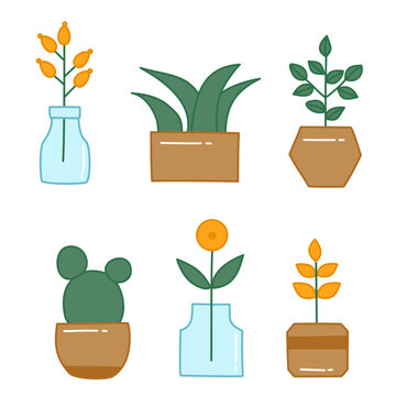 Minimal Houseplant Icon Collection with Cute Potted Plants, Botanical Decor Elements and Modern Flat Vector Illustrations