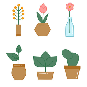 Minimal Houseplant Icon Collection with Cute Potted Plants, Botanical Decor Elements and Modern Flat Vector Illustrations