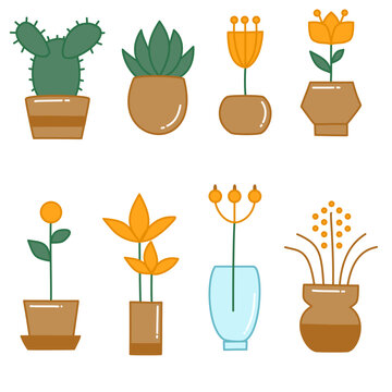 Minimal Houseplant Icon Collection with Cute Potted Plants, Botanical Decor Elements and Modern Flat Vector Illustrations