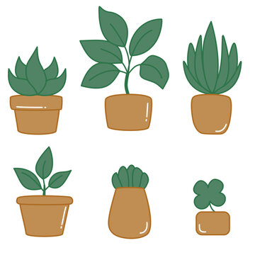 Minimal Houseplant Icon Collection with Cute Potted Plants, Botanical Decor Elements and Modern Flat Vector Illustrations