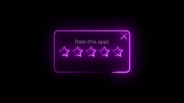 rate this app neon glowing animation with five stars feedback popup window.