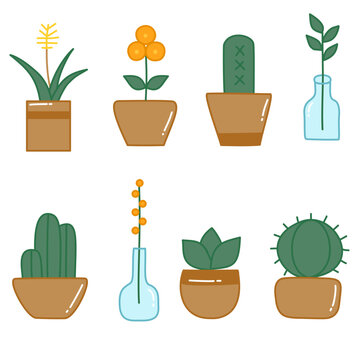 Minimal Houseplant Icon Collection with Cute Potted Plants, Botanical Decor Elements and Modern Flat Vector Illustrations