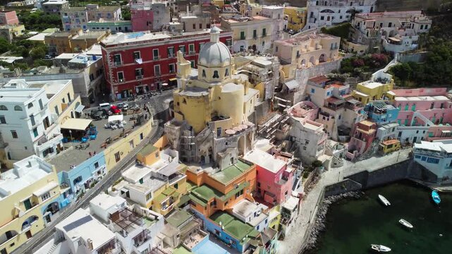 High altitude drone capture of Procida island skyline in