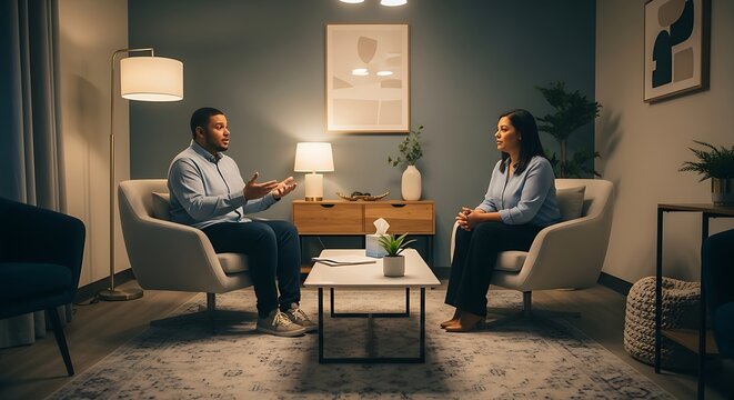 Patient explaining problems to psychologist during therapy session