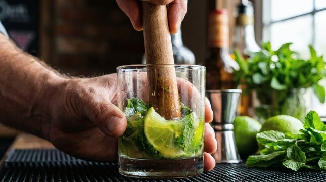 Bartender muddling fresh lime and mint in a glass, preparing a refreshing summer cocktail like a Mojito or Caipirinha.