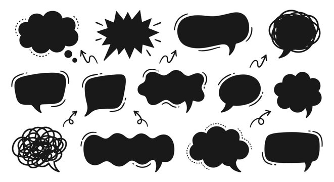 Hand drawn speech bubble vector set with doodle style outline elements