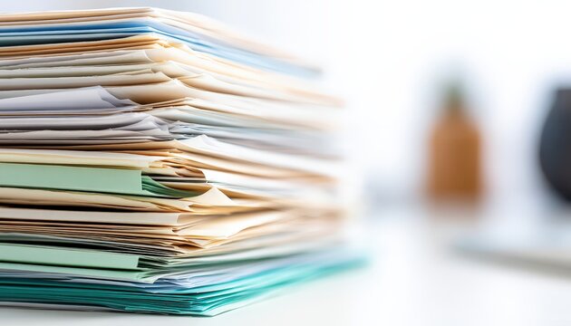 A close-up image of a large stack of assorted paperwork and files, organized in layers on a surface.