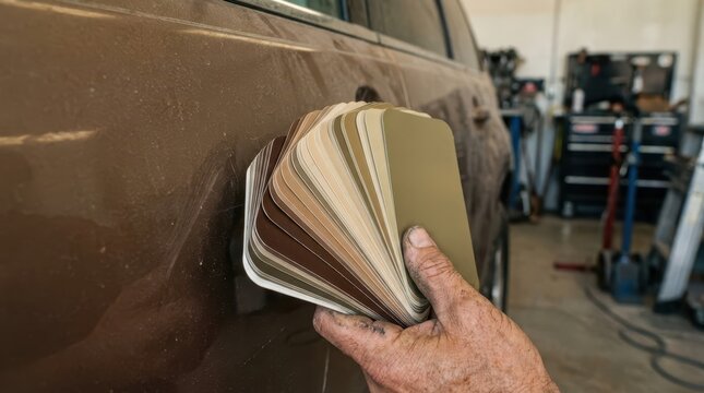 Mechanic holding earth tone brown and tan paint fan deck against brown SUV door for color selection in garage