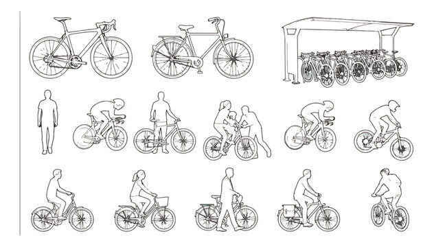 Architectural line art bicycle set, minimalist bike silhouettes and people riding cycles, urban transportation vector elements for CAD and site plans