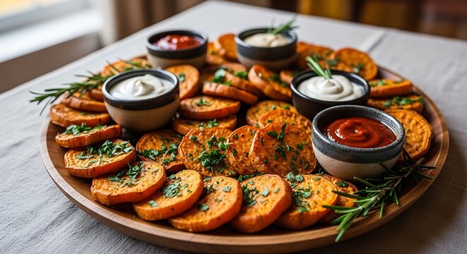 Ripe fried plantain slices served on black plate. Delicious African staple food dish garnished with fresh green herbs. Tasty sweet snack, side meal.