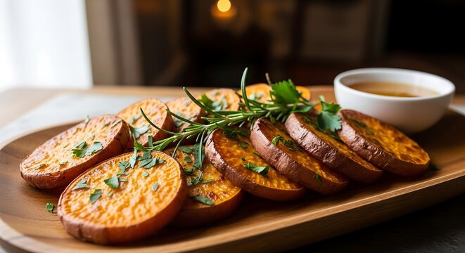Ripe fried plantain slices served on black plate. Delicious African staple food dish garnished with fresh green herbs. Tasty sweet snack, side meal.