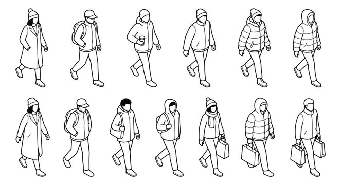 Isometric people walking in winter clothes, set of 13 line art characters in warm jackets and coats, black and white vector icons for urban architectural maps