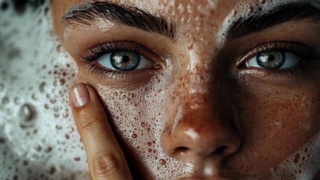 Extreme close up portrait of young ethnic woman with freckles glowing skin and water droplets highlighting natural beauty skincare hydration freshness and detailed texture with soft cinematic lighting