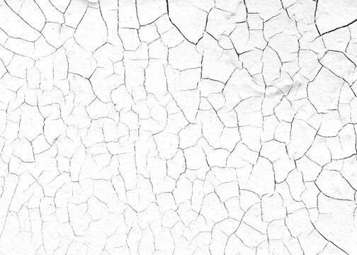 White grunge cracked wall texture background with heavily distressed peeling paint plaster front view
