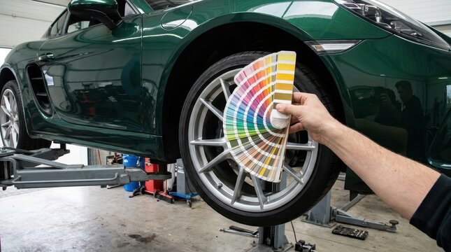 Mechanic holding full color fan deck beside classic muscle car bare metal body side profile during restoration