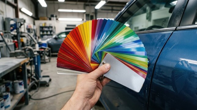 Mechanic holding large full spectrum color fan deck next to blue sedan in automotive repair shop