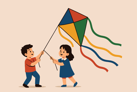 Two happy children playing together outside while flying a large colorful diamond shaped kite with long streaming ribbons.