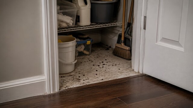 Messy cluttered closet full of cleaning supplies and debris with dirt scattered on floor.