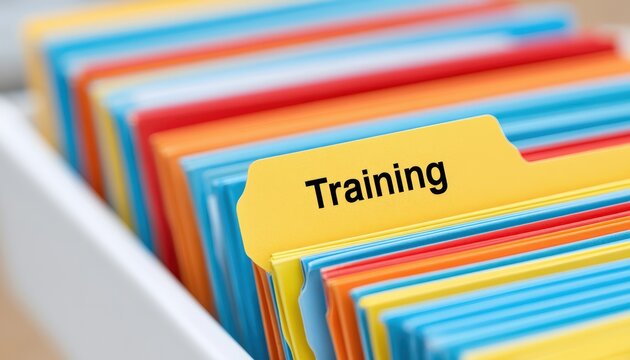 Colorful file folders organized in a drawer with one yellow folder labeled "Training" prominently displayed.
