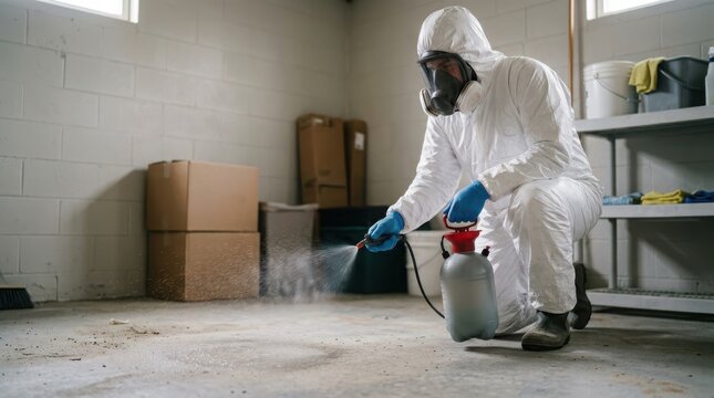 Pest control worker in hazmat suit sprays insecticide on floor in basement room.