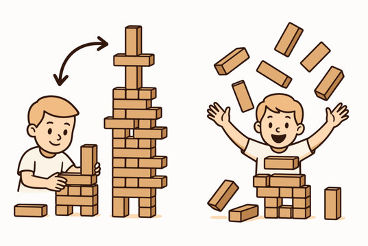 Young boy enjoys playing with colorful blocks by building a tall tower and reacting with genuine surprise when it falls over.