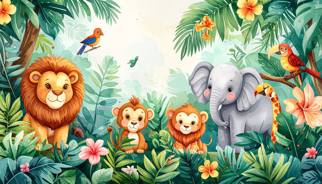 Colorful Jungle Animal Cartoon Scene

