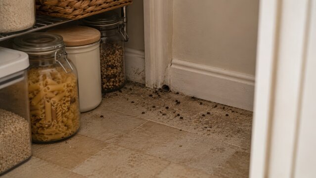 Small rodent droppings on kitchen tile floor near pantry shelf with pasta jars suggesting home pest infestation.