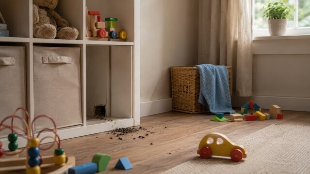 Mice droppings and evidence of infestation on floor next to white cubby in child's playroom.