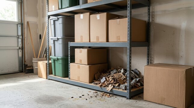 Evidence of rodent activity in garage with cardboard nesting materials and droppings on shelf.