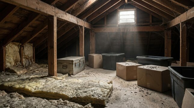 Unkempt and dusty attic full of old storage boxes and fiberglass insulation, highlighting signs of neglect.
