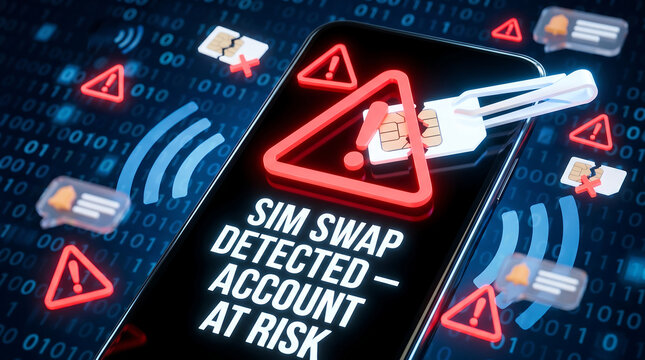A 3D digital illustration of a smartphone displaying a sim swap alert with glowing red warning signs broken sim cards and binary code for mobile cybersecurity concepts