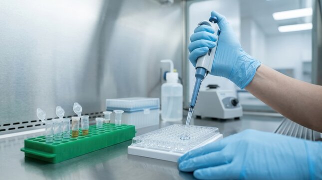 Scientist using single channel pipette to transfer sample into microplate inside sterile laboratory workspace.