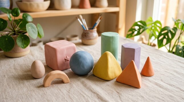 Colorful wooden geometric shapes, educational toys, Montessori materials, learning blocks