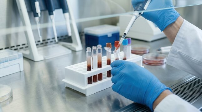Close up of researcher hands in blue protective gloves pipetting blood into micro tubes in biosafety cabinet.