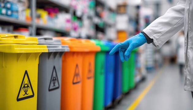 A person wearing a lab coat and blue gloves reaches toward a row of colorful biohazard waste bins in a clean, organized facility.