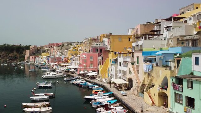 Stunning aerial view of Procida island colorful skyline and