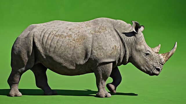 Realistic White Rhinoceros Walking Slowly on Green Screen Studio Background