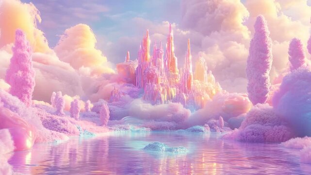 Soft pastel candy landscape with fluffy textures glowing sky and smooth reflective surface, creating a calm surreal dessert world with gentle colors dreamy atmosphere inspired by imaginative fantasy