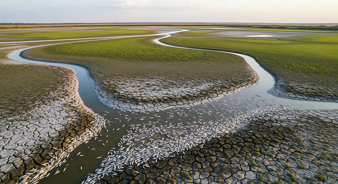 Drought-stricken landscape with dried cracked earth and a winding river water scarcity climate change lack of water barren land landscape environment global warming dehydration survival