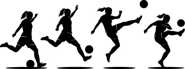 Women soccer players action silhouettes vector illustration collection of female athlete characters playing football game match isolated on white backdrop © MstSapla