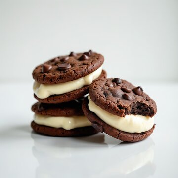 Stack of chocolate chip cookie ice cream sandwiches with creamy vanilla filling. One cookie has a bite mark showing soft texture. Sweet dessert treats with dairy filling and chips.