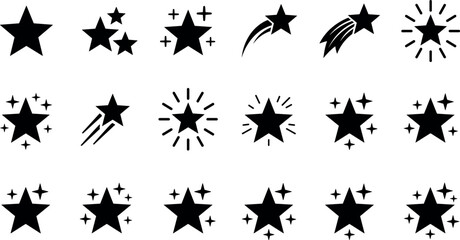 Fototapeta premium Black Star Icon Set Featuring Sparkles Shooting Stars and Shining Shapes for Rating Systems Awards Magic Celebrations and Celestial Decorative Graphic Design Elements
