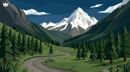 Polygonal geometric nature landscape vector background with majestic mountain valley coniferous trees and trail for outdoor adventure and travel design © MstSapla