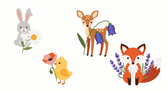 A whimsical collection of forest creatures with flowers, including a fox, deer, rabbit, and chick