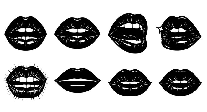 Collection of black and white lip illustrations, showcasing diverse expressions and styles of human mouths