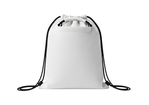 Blank white drawstring backpack with black cord straps, isolated on a solid black background, front view of a fabric cinch bag
