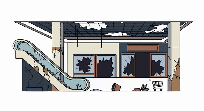 Abandoned interior with broken windows, cracked walls, and disused escalator