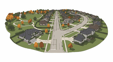 Fototapeta premium Aerial view of a suburban neighborhood with houses, streets, and trees