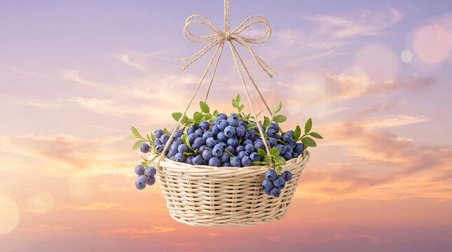 A wicker basket filled with fresh ripe blueberries hanging by a twine string bow against a beautiful pastel sunset sky with warm golden clouds for healthy food concepts