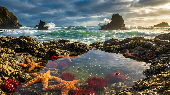 Tidal pool, starfish, sea anemones, rocky shoreline, ocean waves, cloudy sky